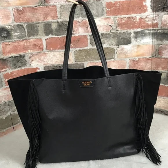 New Victoria Secret black leather fringe tote bag - Picture 2 of 10